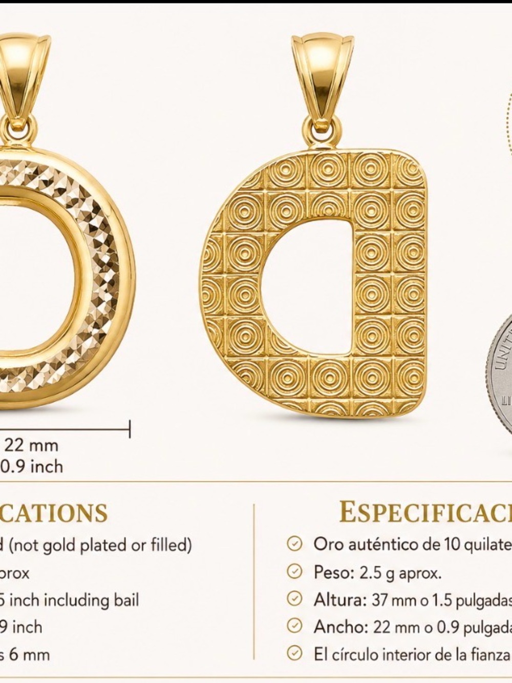 10kt gold letter d two tone